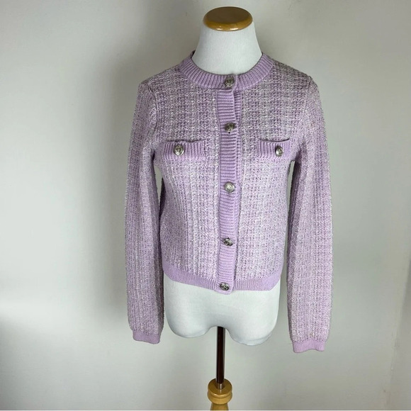 Mango Tweed Metallic Cardigan Sweater Lady Jacket Lavender Silver Size XS - Picture 6 of 13